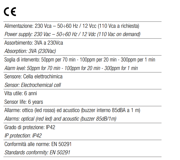 TECNOCONTROL SE320EC Domestic gas detector for CO-relay-electrochemical sensor - 230V. IMQ - Life 6 years