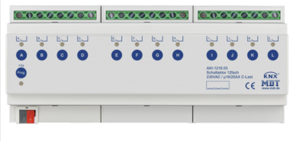 MDT AMI-1216.03 AKI-1216.03: Attuatore di commutazione 12 canali, 16/20 A, 230 V CA, carico C