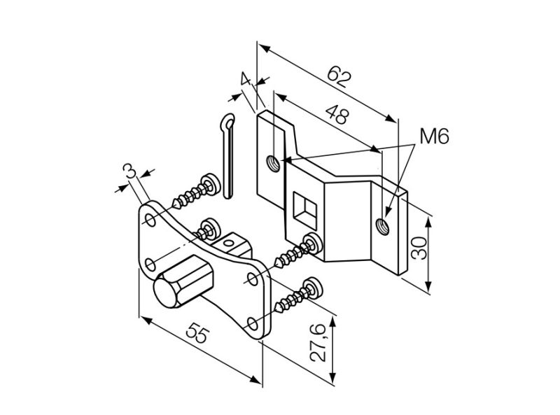 NICE 525.10012/M6AX 10 mm square pin + bracket with M6 holes