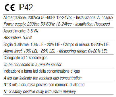 TECNOCONTROL SE127K Centralina rilevatore CH4/Gpl - incasso per 1 sensore SE192K/SE193K