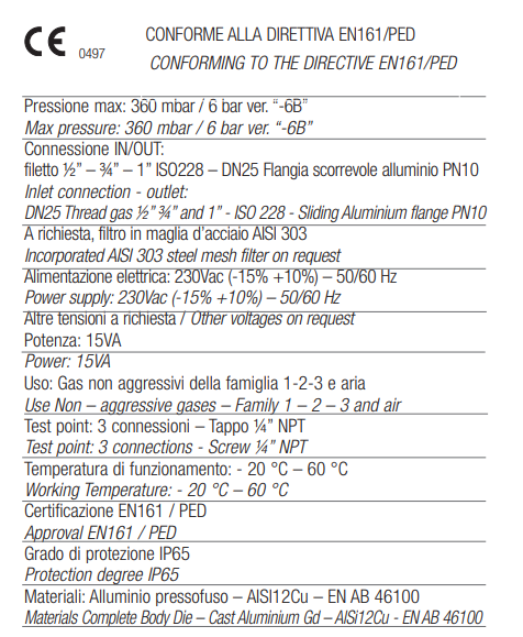 TECNOCONTROL AVD32FO NC automatic gas solenoid valve - Size DN32 - Pmax 360 mbar - Power supply 230Vac - Quick opening