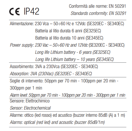 TECNOCONTROL SE345EC Revel. domestic gas for CO-electrochemical sensor - battery-IMQ - Life 10 years