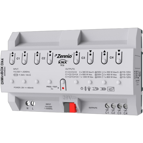 ZENNIO ZDIDBDX4 DIMinBOX DX4 Attuatore dimmerabile universale (RLC, LED, CFL) per guida DIN