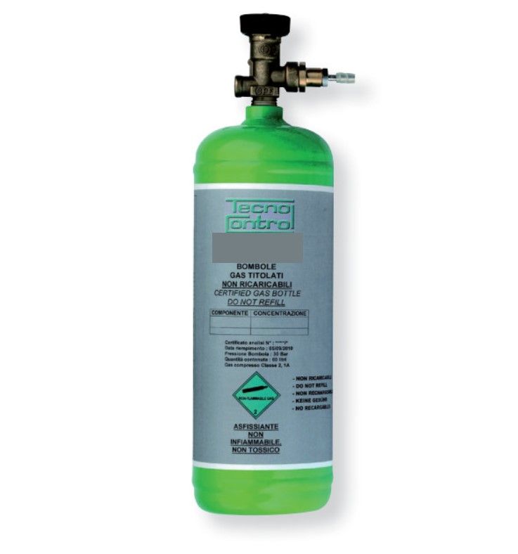 TECNOCONTROL BO520 H2S gas cylinder (Hydrogen sulphide) - Mixture 50 ppm in N2 - Dimensions 1.72 L - Pressure 34 bar - Useful volume 58 useful liters - Valve BO303