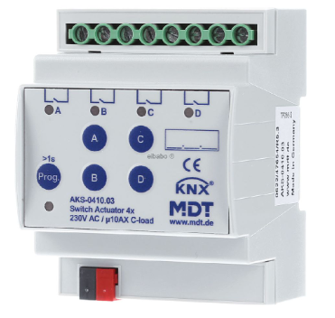 MDT AKS-0410.03 EIB, KNX, attuatore di commutazione 4 canali, 4SU MDRC, 10 A, 230 V CA