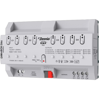 ZENNIO ZDIDBDX4 DIMinBOX DX4 Attuatore dimmerabile universale (RLC, LED, CFL) per guida DIN